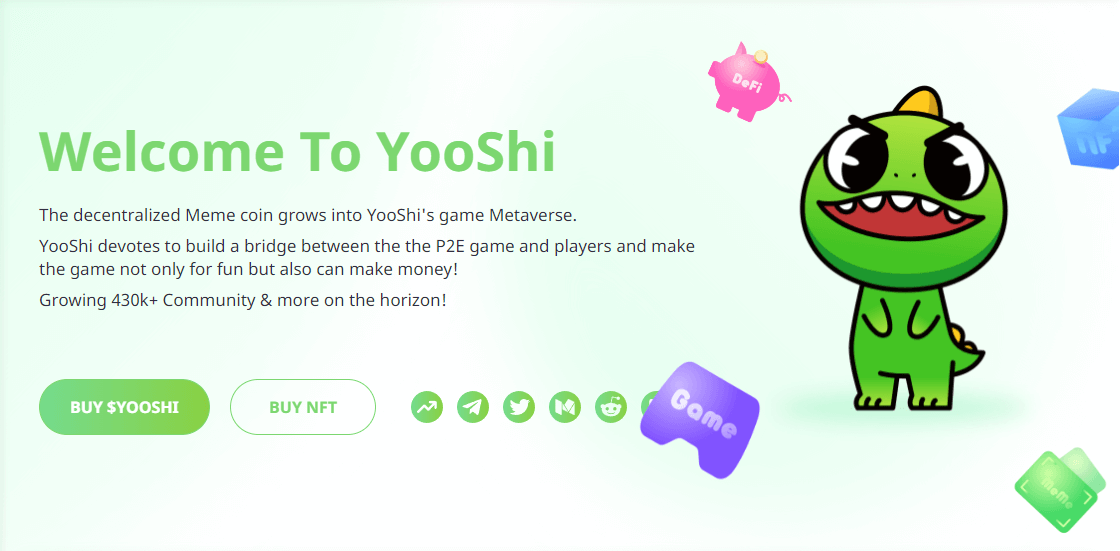 帶有標志的 Yooshi 加密貨幣網站主頁